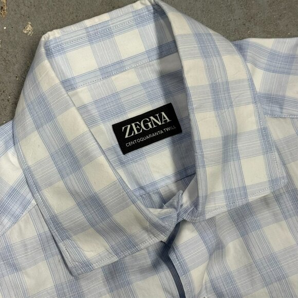 ZEGNA Dress Shirt Centoquaranta Twill Check Cotton Long Sleeve Blue 14.5 Small - Picture 5 of 9